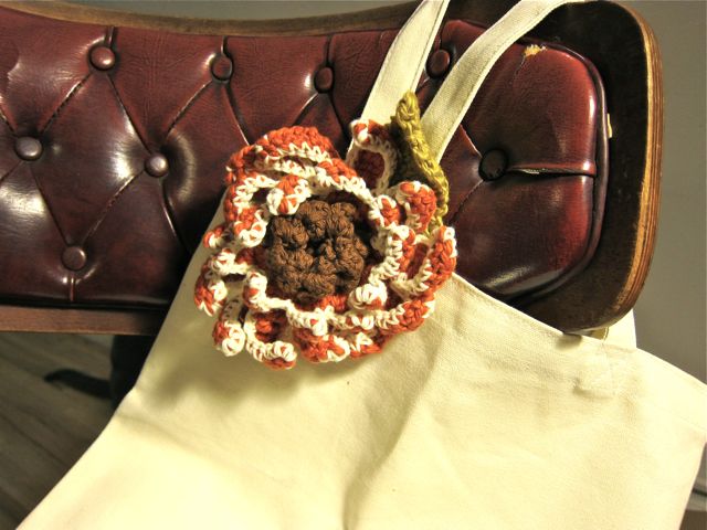 Crocheted Sunflower Brooch for Craftaholics Anonymous Handmade Gift Exchange | Red-Handled Scissors