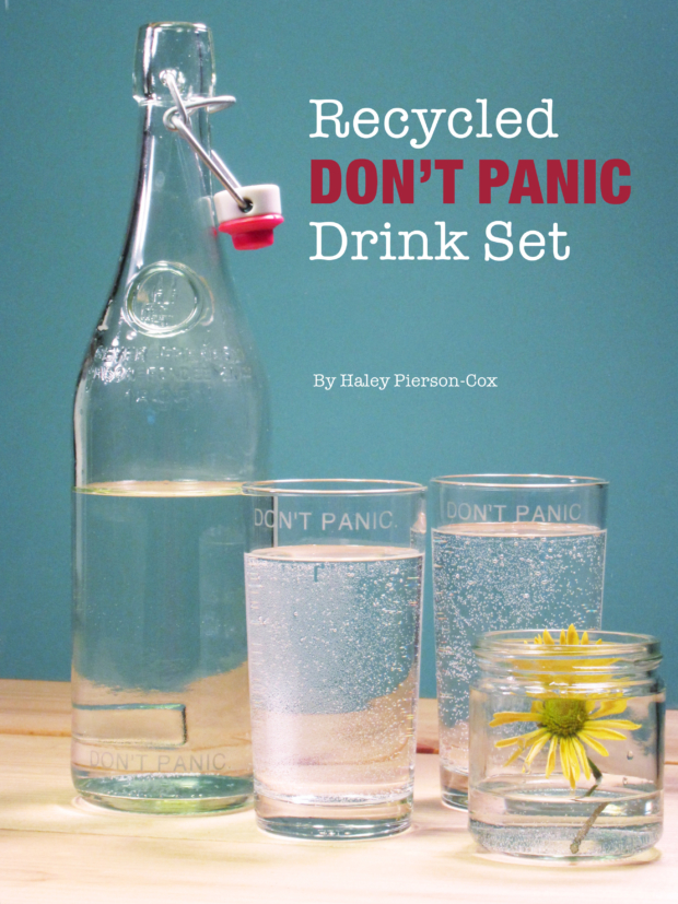 Tutorial: Recycled DON'T PANIC Drink Set: Combine a beautiful glass bottle with a pair thrift store glasses to make a fun Hitchhiker's Guide-inspired drink set!