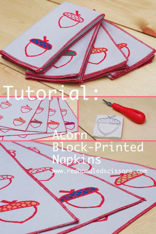 Tutorial: Acorn Block Printed Napkins: Make a set of autumn-inspired acorn-patterned cloth napkins with my new block printed napkin tutorial and free downloadable template!