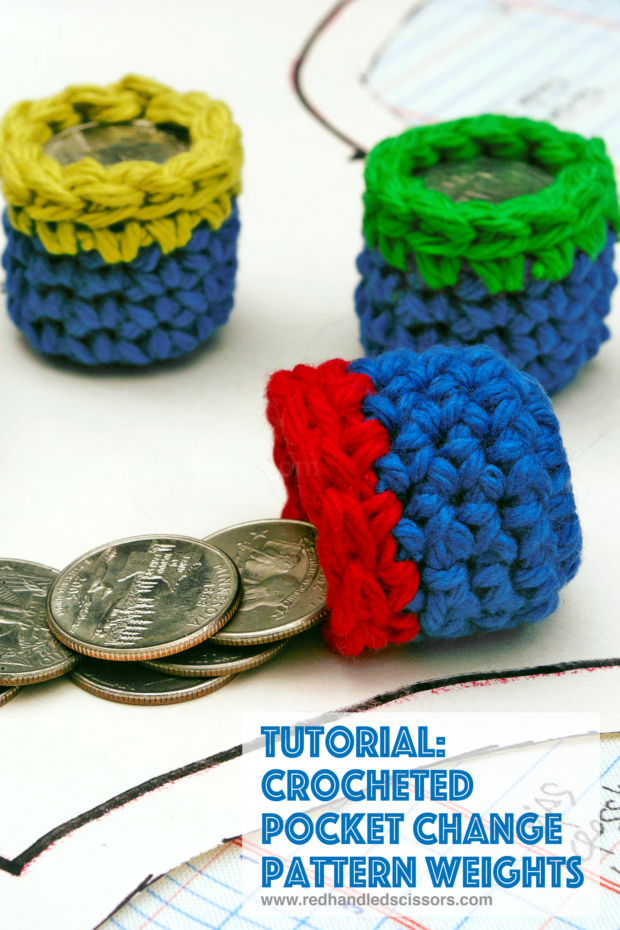 Tutorial: Crocheted Pocket Change Pattern Weights: Turn pocket change and yarn scraps into colorful, easy to make sewing pattern weights with this quick and simple crochet pattern!