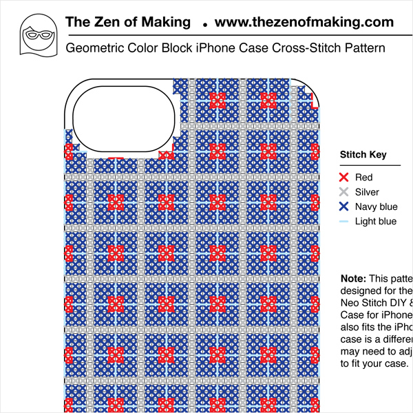 Pattern: Geometric Color Block Cross-Stitch iPhone Case | Red-Handled Scissors